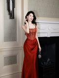 Classy Mermaid Spaghetti Strap Burgundy Satin Ankle Length Pleated Prom Dress Aesthetic Graduation Birthday Outfits HZ0311