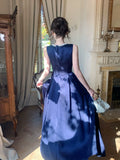 Elegant A line Jewel Neck Navy Blue Satin With Beaded Sleeveless Prom Dresses 16th Nigh Party Birthday Outfits HZ0311