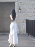 Modest Mermaid Square Neck White Satin Party Evening Night Dresses For Women Inspiration Long 18th Birthday Outfits HZ0311