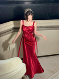 Elegant Mermaid Spaghetti Straps Red Satin Sleeveless Long Prom Dresses 16th Nigh Party Birthday Outfits HZ0311