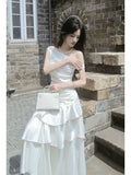 Simple A Line Off The Shoulder White Satin Floor Length Prom Dresses Aesthetic Graduation Birthday Outfits HZ0311