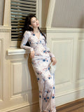 Elegant Sheath V Neck Long Sleeves Floral Lilac Bodycon Pleated Prom Dress Graduation Birthday Holiday Outfits HZ0311