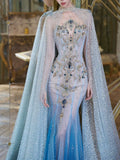 Modest Mermaid Scoop Neck Sequins With Beaded Cape Prom Dresses Inspiration Long Party Evening Dress 19th Birthday Outfits HZ0311