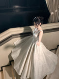 Elegant A line Square Neck Floral Satin Ankle Length With Silver Beaded Prom Dresses 16th Nigh Party Birthday Outfits HZ0311