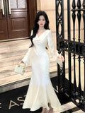 Sexy Mermaid Cowl Neck White Satin Ankle Length Prom Dresses Wedding Guest Dress 20th Birthday Outfits HZ0311