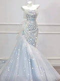 Modest Mermaid Off The Shoulder Tulle Blue With Pearls Prom Dresses Inspiration Long Party Evening Dress 21st Birthday Outfits HZ0311