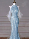 Modest Mermaid High Neck Blue Sequins Prom Dresses Inspiration Long Party Night Evening Dress 19th Birthday Outfits HZ0311