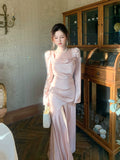 Modest Mermaid Square Neck Pink Satin Long Sleeves Prom Dresses Wedding Guest Dress 16th Birthday Outfits HZ0311