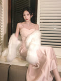 Sexy Mermaid Spaghetti Straps Pink Satin Prom Dresses Wedding Guest Dress 20th Birthday Outfits HZ0311