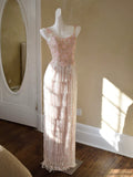 Glittery Sheath Spaghetti Straps Pink Tassel Pink Prom Dresses Inspiration Long Party Evening Dress 20th Birthday Outfits HZ0311