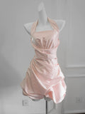 Vintage Ball Gown Halter Pink Short Cocktail Dress 16th Birthday Outfits Homecoming Dresses Night Party Gown HZ0311
