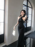 Modest Mermaid Halter Black Long Prom Dresses Wedding Guest Dress 20th Birthday Outfits HZ0311