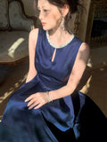 Elegant A line Jewel Neck Navy Blue Satin With Beaded Sleeveless Prom Dresses 16th Nigh Party Birthday Outfits HZ0311