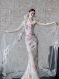 Classy Mermaid Strapless Floral Lace Long Formal Prom Dresses Dance Night Outfits Party Gowns HZ0311