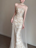 Timeless Wedding Dresses Mermaid Strapless Champagne Sleeveless Lace Brides Dress Style For Brides With Scarf Fitted Bridal Gowns HZ0311