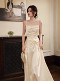 Sexy A line Spaghetti Straps Ivory Satin Long Prom Dresses Wedding Guest Dress 20th Birthday Outfits HZ0311
