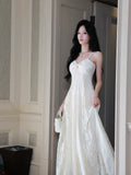 Elegant A Line Spaghetti Strap White Lace Long Pleated Prom Dress Aesthetic Graduation Birthday Outfits HZ0311