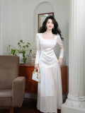 Simple A Line Square Neck Drop Waist White Chiffon Mid Length Prom Dress Aesthetic Graduation Evening Outfits HZ0311