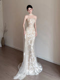 Timeless Wedding Dresses Mermaid Strapless Champagne Sleeveless Lace Brides Dress Style For Brides With Scarf Fitted Bridal Gowns HZ0311