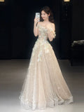 Cute A line Off The Shoulder With Cap Sleeves Sequins Champagne Long Formal Prom Dresses Dance Night Outfits Party Gowns HZ0311