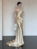 Unique Mermaid Off The Shoulder Gold Long Sleeves Prom Dresses Inspiration Party Night Gowns 20th Birthday Outfits HZ0311