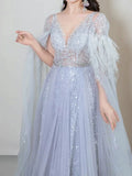Elegant A Line V Neck Light Sky Blue Tulle Prom Dresses Inspiration Long Party Evening Dress 19th Birthday Outfits HZ0311