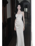 Classy Mermaid One Shoulder White With Beaded Satin Ankle Length Pleated Prom Dress Aesthetic Graduation Birthday Outfits HZ0311