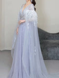 Elegant A Line V Neck Light Sky Blue Tulle Prom Dresses Inspiration Long Party Evening Dress 19th Birthday Outfits HZ0311