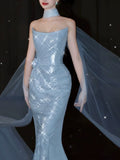 Modest Mermaid Strapless Sequins Blue With Scarf Prom Dresses Inspiration Long Party Evening Dress 21st Birthday Outfits HZ0311