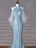 Modest Mermaid High Neck Blue Sequins Prom Dresses Inspiration Long Party Night Evening Dress 19th Birthday Outfits HZ0311