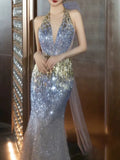 Modest Mermaid Halter Sequins Prom Dresses Inspiration Long Party Evening Dress 19th Birthday Outfits HZ0311