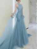 Modest Mermaid High Neck Tulle Blue With Split Prom Dresses Inspiration Long Party Evening Dress 19th Birthday Outfits HZ0311