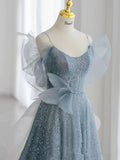 Modest Ball Gown Spaghetti Straps Dusty Blue Tulle Prom Dresses Inspiration Long Party Night Evening Dress 20th Birthday Outfits HZ0311