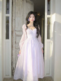 Modest A line Sweetheart Lilac Chiffon Ankle Length Long Sleeves Prom Dresses Wedding Guest Dress 20th Party Birthday Outfits HZ0311
