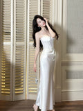 Elegant Mermaid Spaghetti Strap White Satin Long Pleated Prom Dress Aesthetic Graduation Evening Outfits HZ0311