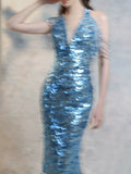 Modest Mermaid V Neck Blue Sequins Prom Dresses Inspiration Long Party Night Evening Dress 20th Birthday Outfits HZ0311