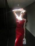 Elegant Mermaid Spaghetti Straps Red Satin Ankle Length Prom Dresses 17th Nigh Party Birthday Outfits HZ0311