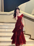 Elegant Mermaid Off The Shoulder Burgundy Long Prom Dresses 16th Nigh Party Birthday Outfits HZ0311