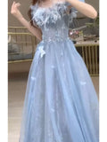 Unique A Line Off The Shoulder Blue Prom Dresses Tulle Inspiration Long Party Night Gowns 20th Birthday Outfits HZ0311