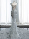 Modest Mermaid Square Neck Sequins With Beaded Silver Gray Prom Dresses Inspiration Long Party Evening Dress 19th Birthday Outfits HZ0311