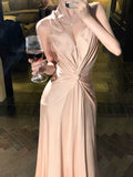 Modest A Line Halter Pink Satin Backless Prom Dresses Wedding Guest Dress 20th Birthday Outfits HZ0311