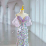 Modest Mermaid Off The Shoulder Lilac Sequins Prom Dresses Inspiration Long Party Night Evening Dress 19th Birthday Outfits HZ0311