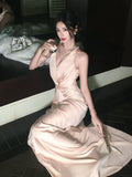Modest A Line Halter Pink Satin Backless Prom Dresses Wedding Guest Dress 20th Birthday Outfits HZ0311