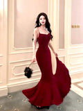 Modest Mermaid Spaghetti Straps Burgundy Long Prom Dresses Wedding Guest Dress 20th Birthday Outfits HZ0311