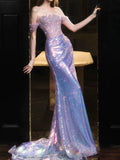 Elegant Mermaid Off The Shoulder Lilac Sequins Prom Dresses Inspiration Long Party Evening Dress 19th Birthday Outfits HZ0311