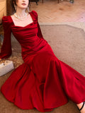 Modest Mermaid Square Neck Red Satin Long Sleeves Prom Dresses Wedding Guest Dress Birthday Outfits HZ0311
