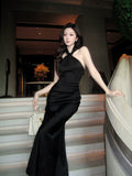 Modest Mermaid Halter Black Long Prom Dresses Wedding Guest Dress 20th Birthday Outfits HZ0311