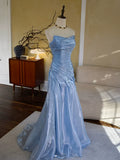Vintage Mermaid Strapless Blue Long Prom Dresses With Pleated Inspiration Party Night Evening Dress 18th Birthday Outfits HZ0311
