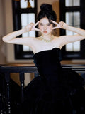 Princess Ball Gown Strapless Black Velvet With Gloves Prom Dresses Inspiration Long Party Night Gowns 18th Birthday Outfits HZ0311