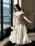 Elegant Mermaid Off The Shoulder White Long Prom Dresses 16th Nigh Party Birthday Outfits HZ0311